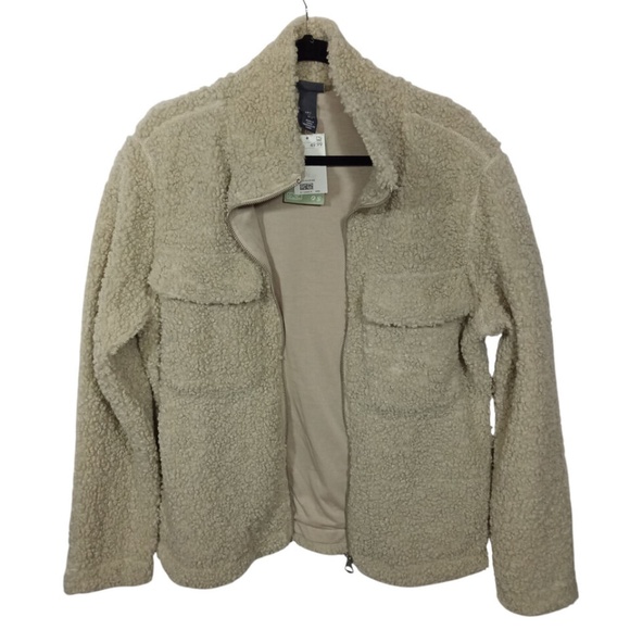 HM Teddy Bear Jacket Womens L Beige Fleece Sherpa Pockets Full Zip - Picture 5 of 5